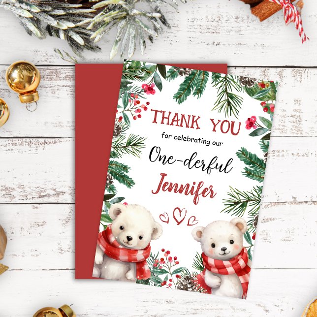 Cute Bear Christmas 1° Birthday Thank You Card (Creator Uploaded)