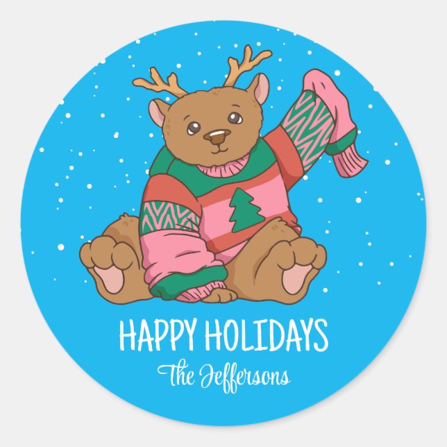 Cute Bear Christmas Animal Snowy Winter Holiday Classic Round Sticker (Front)