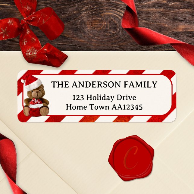 Cute Bear Christmas Holidays Return Address Label (Christmas return address label featuring a cute teddy bear with a bag of gifts and Santa hat)