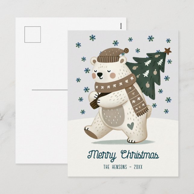Cute Bear Christmas Tree Drawing Christmas Holiday Postcard (Front/Back)