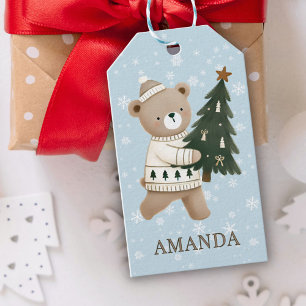 Cute Bear Christmas Tree Snowflakes Kids Name Gift Tags