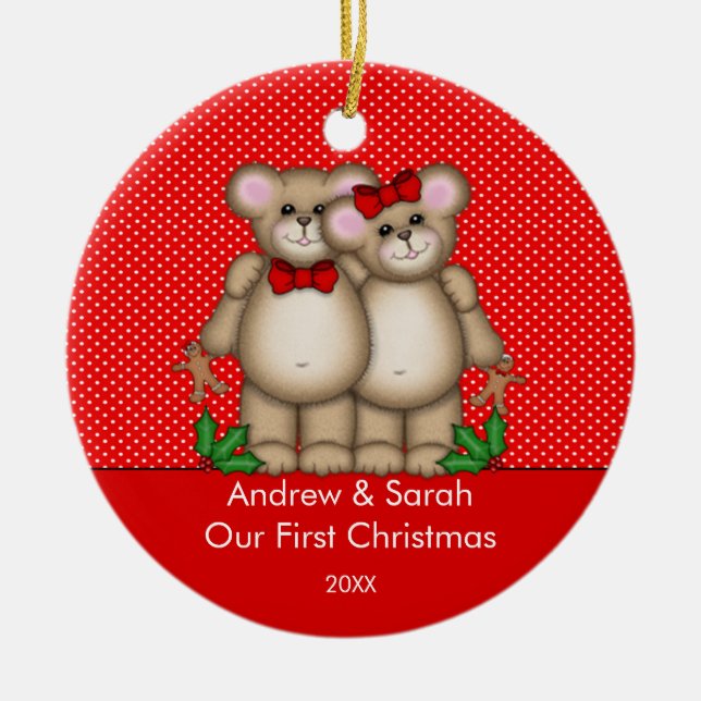 Cute Bear Couple Our First Christmas Ornament (Front)