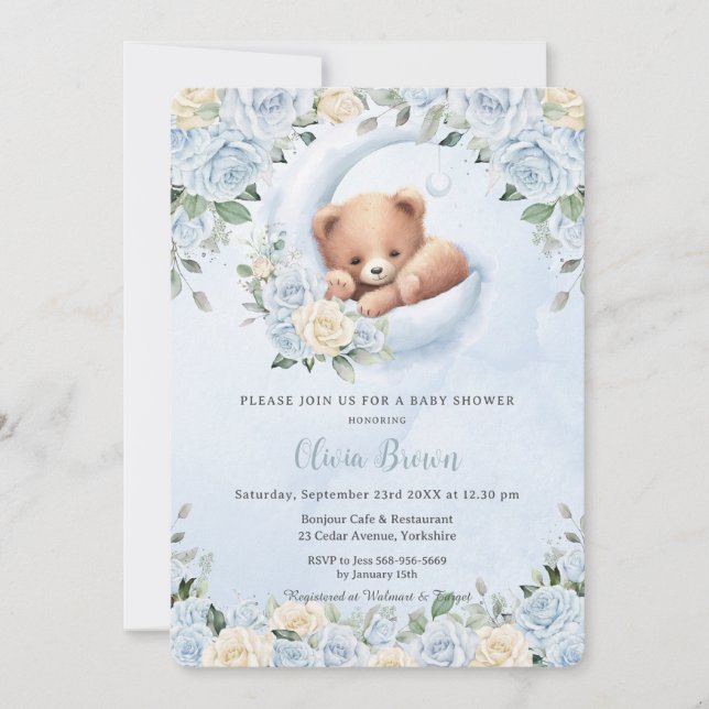 Cute Bear Crescent Moon Blue Floral Baby Shower Invitation (Front)