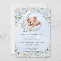 Cute Bear Crescent Moon Blue Floral Baby Shower
