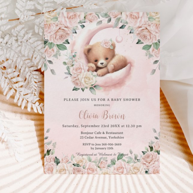 Cute Bear Crescent Moon Blush Floral Baby Shower Invitation (Creator Uploaded)