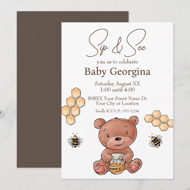 Cute Bear Cub and Honey Bees Baby Sip and See Invitation (Front/Back)