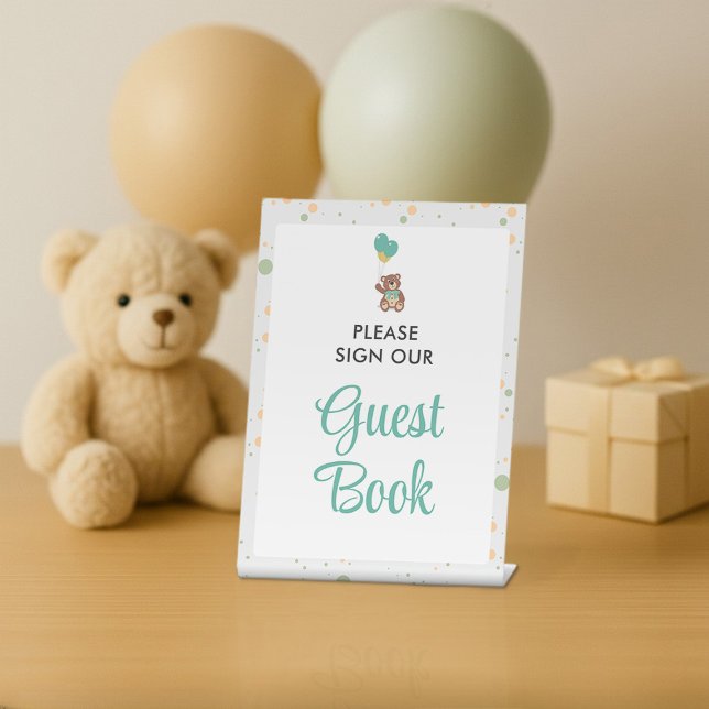 Cute Bear Cub Baby Shower Gender Neutral Guestbook Pedestal Sign (Creator Uploaded)