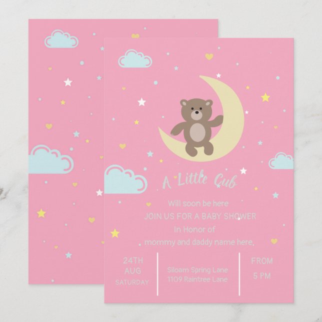cute bear cub baby shower invitation (Front/Back)