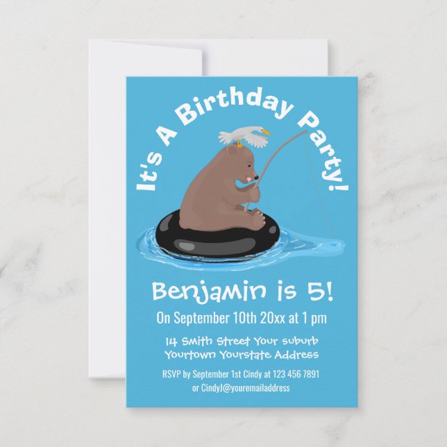 Cute bear cub fishing cartoon birthday invitation (Front)