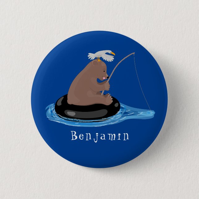 Cute bear cub fishing cartoon illustration 6 cm round badge (Front)