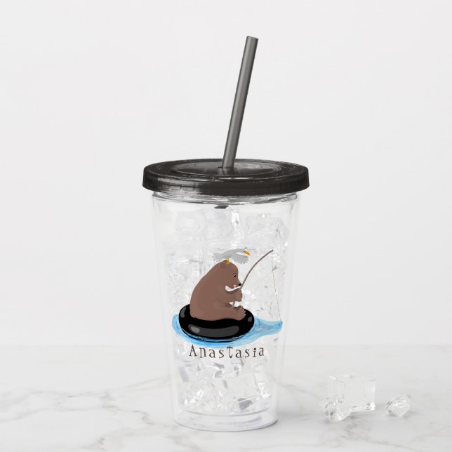 Cute bear cub fishing cartoon illustration acrylic tumbler (Back Ice)