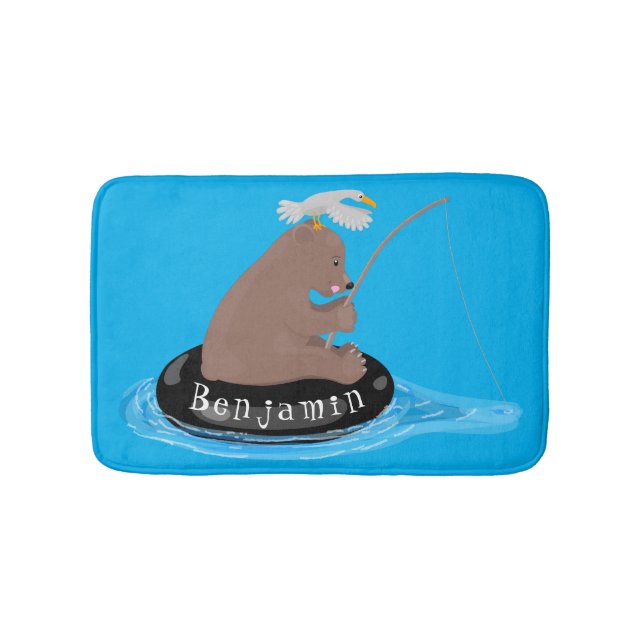 Cute bear cub fishing cartoon illustration bath mat (Front)