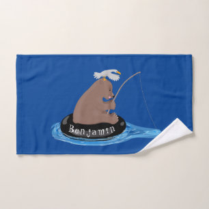 Cute bear cub fishing cartoon illustration bath towel set