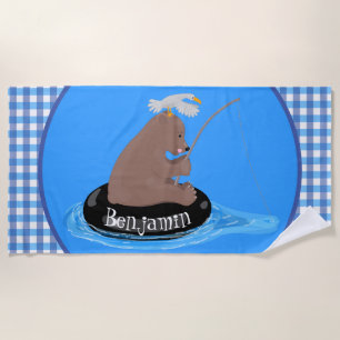 Cute bear cub fishing cartoon illustration beach towel
