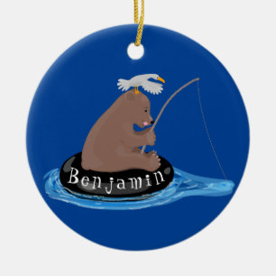 Cute bear cub fishing cartoon illustration ceramic tree decoration