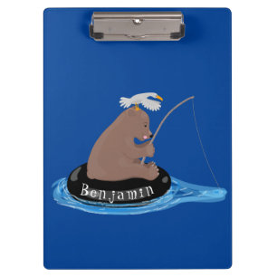 Cute bear cub fishing cartoon illustration clipboard