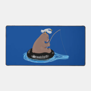 Cute bear cub fishing cartoon illustration desk mat