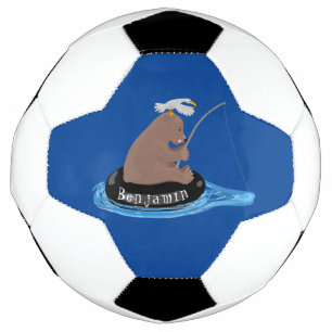 Cute bear cub fishing cartoon illustration football