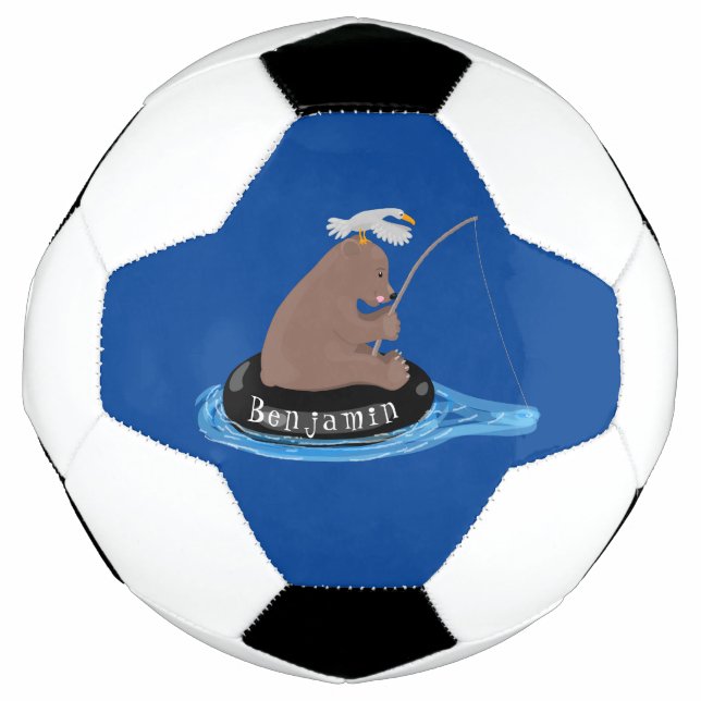 Cute bear cub fishing cartoon illustration football (Front)