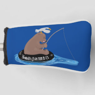 Cute bear cub fishing cartoon illustration golf head cover