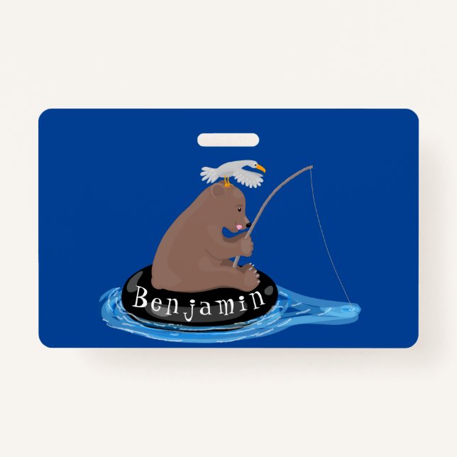 Cute bear cub fishing cartoon illustration ID badge (Front)