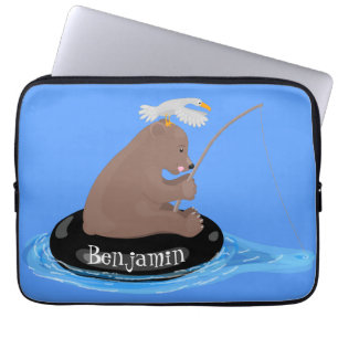 Cute bear cub fishing cartoon illustration laptop sleeve