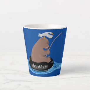 Cute bear cub fishing cartoon illustration latte mug