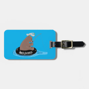 Cute bear cub fishing cartoon illustration luggage tag
