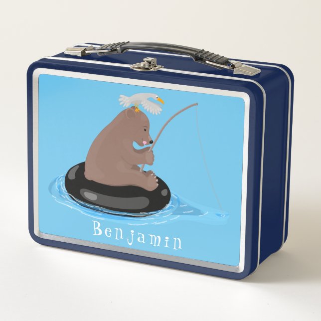 Cute bear cub fishing cartoon illustration metal lunch box (Front)