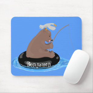 Cute bear cub fishing cartoon illustration mouse mat