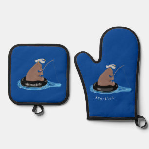 Cute bear cub fishing cartoon illustration oven mitt & pot holder set