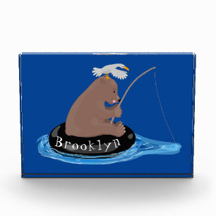 Cute bear cub fishing cartoon illustration photo block