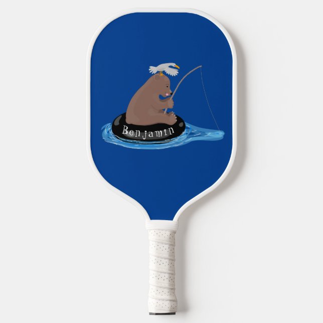 Cute bear cub fishing cartoon illustration  pickleball paddle (Front)