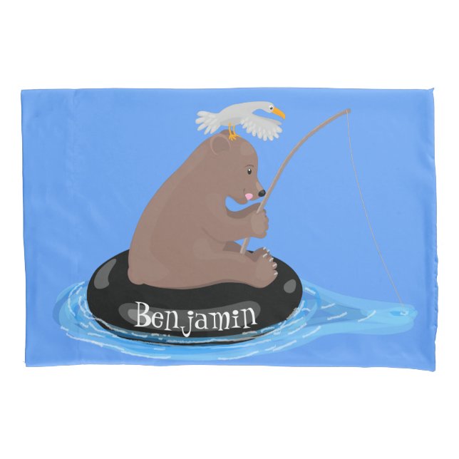 Cute bear cub fishing cartoon illustration pillowcase (Front)