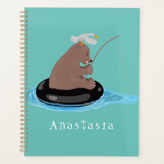 Cute bear cub fishing cartoon illustration planner (Front)