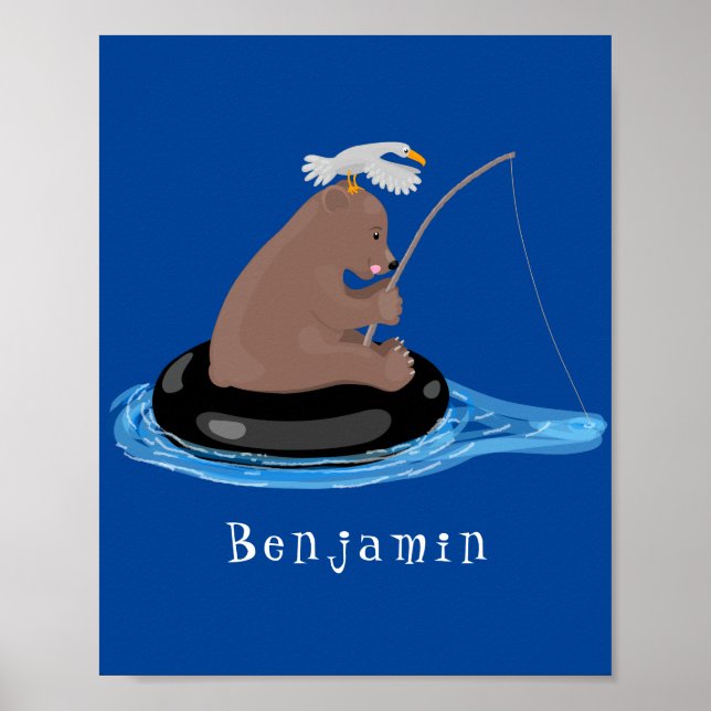 Cute bear cub fishing cartoon illustration poster (Front)