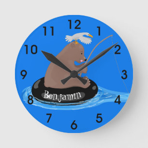 Cute bear cub fishing cartoon illustration round clock