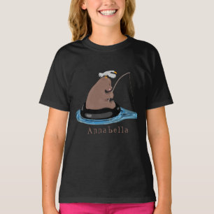 Cute bear cub fishing cartoon illustration T-Shirt