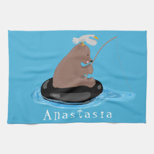 Cute bear cub fishing cartoon illustration tea towel