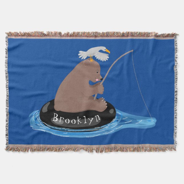 Cute bear cub fishing cartoon illustration throw blanket (Front)