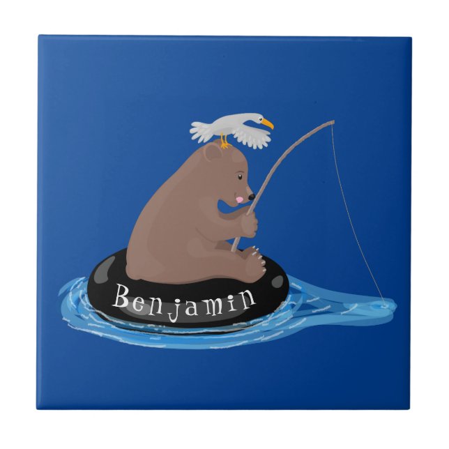 Cute bear cub fishing cartoon illustration tile (Front)