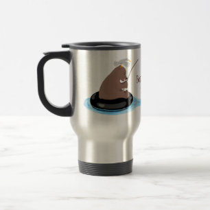 Cute bear cub fishing cartoon illustration travel mug