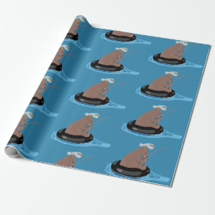 Cute bear cub fishing cartoon illustration wrapping paper