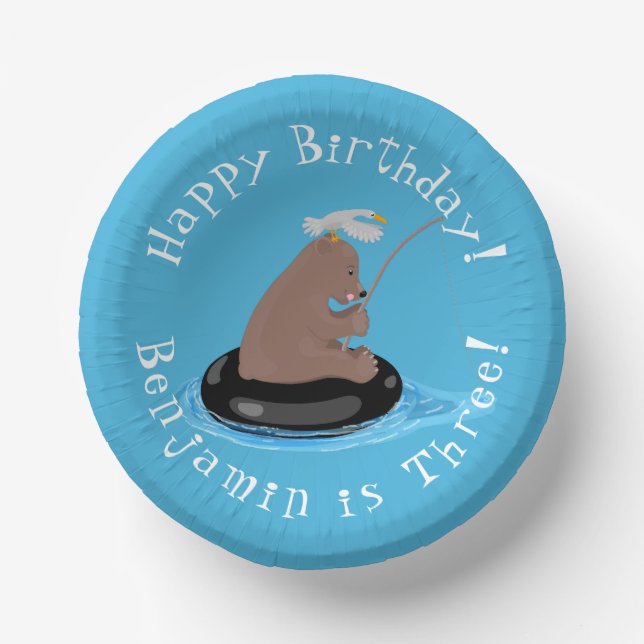Cute bear cub fishing personalised birthday paper plate (Front)