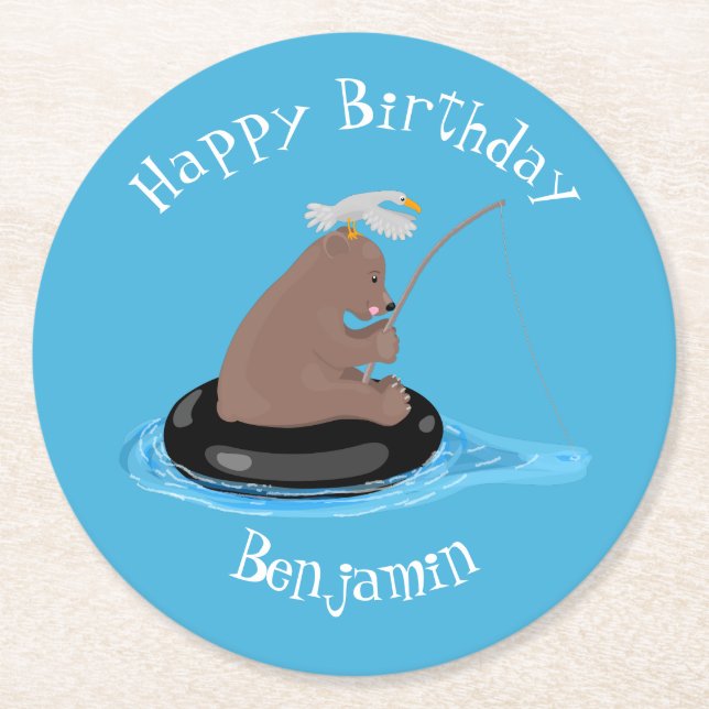 Cute bear cub fishing personalised birthday round paper coaster (Front)