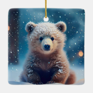 Cute Bear Cub In Snow Covered Forest Ceramic Ornament