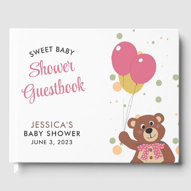 Cute Bear Cub Pink Balloon Baby Girl Baby Shower Guest Book (Front)