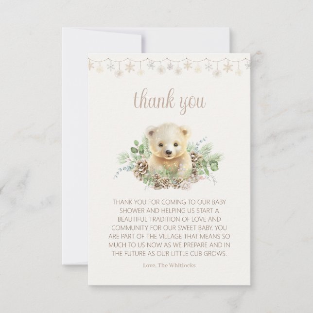 Cute Bear Cub Winter Greenery Baby Shower Thank You Card (Front)