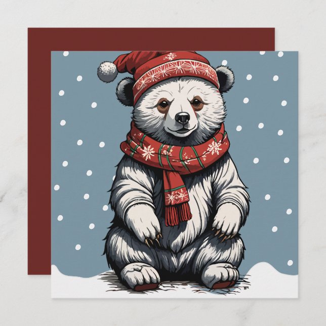 Cute Bear cub with Beanie and Scarf in Snow Fall (Front/Back)