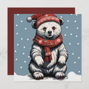 Cute Bear cub with Beanie and Scarf in Snow Fall